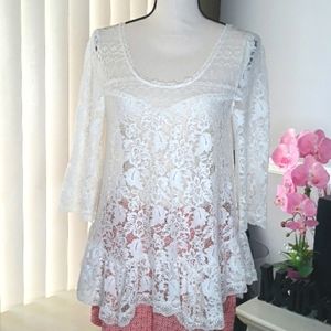 Free People Ivory-White Sheer Lace Lily Blouse
